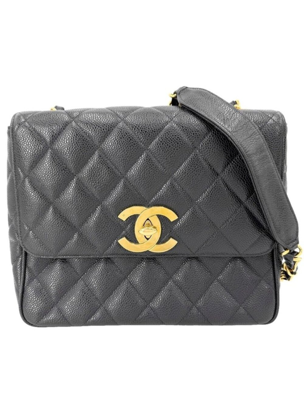 Chanel Shoulder Bag Quilted CC Logo Square Crossbody Caviar Leather Black Gold